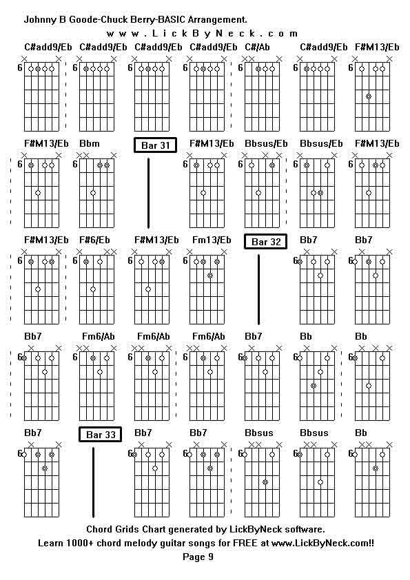 Chord Grids Chart of chord melody fingerstyle guitar song-Johnny B Goode-Chuck Berry-BASIC Arrangement,generated by LickByNeck software.